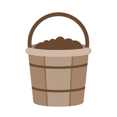 Wooden bucket filled with dark soil, perfect for gardening, farming, agriculture, compost, ecofriendly, sustainable living, plant cultivation, urban gardening projects.