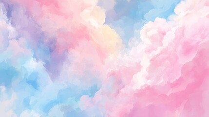 Watercolor painting of clouds in shades of pink, blue, yellow, and white