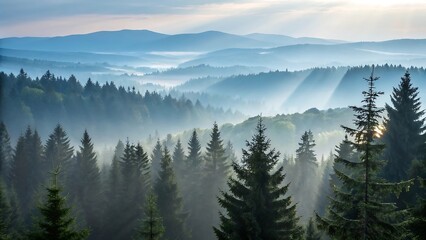 Fototapeta premium Sunlight streams through misty mountain valleys, illuminating a dense evergreen forest and creating a serene, dreamlike atmosphere in the early morning haze.