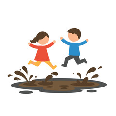 Two cartoon children jump over a muddy puddle happily. Suitable for childrens books, posters, website graphics, and educational materials.