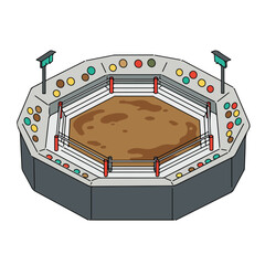 Empty octagonal wrestling ring under spotlights ideal for sports event promotions, wrestling articles, and sportsthemed designs on marketing materials.