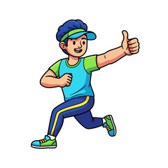 running cartoon athlete celebrates success thumbs up, isolated on transparent background
