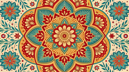 Fototapeta premium Ornate Mandala Design with Red Teal Yellow Flowers and Intricate Floral Patterns on Beige Background