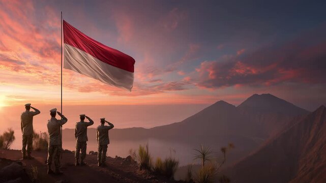 Soldiers saluting as Indonesia's national flag is raised on a mountaintop during a stunning sunset, captured in a wide shot with dramatic lighting.