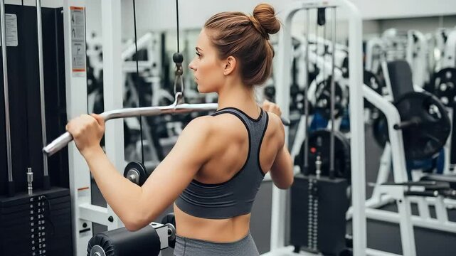 Young woman performing lat pulldown exercise on a weight machine in a modern gym, focusing on her back and arm muscles during her fitness routine