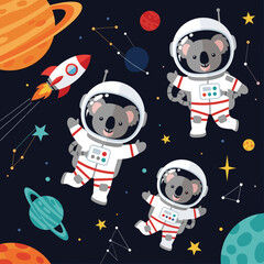 Three adorable koala astronauts float in space with colorful planets stars and a rocket