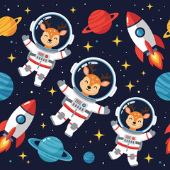 Joyful deer astronauts rockets and planets float in a starry outer space Playful cosmic adventure