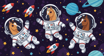 Cartoon horses in astronaut suits float through starry space with rockets planets Fun imaginative concept