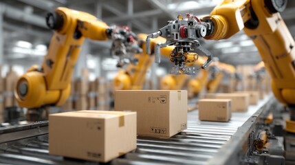 Automated Robotic Arm Handling Packages in Modern Factory