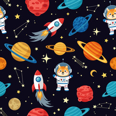Cute space pattern with cartoon astronaut cats rockets planets and stars for kids design