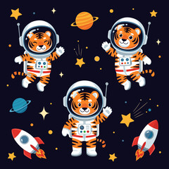 Smiling cartoon tiger astronauts floating in starry space with rockets and planets Fun space adventure