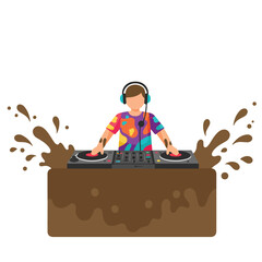 Dynamic image capturing a dj mixing music amidst a playful mud splash scene, perfect for music festival promotions and energetic designs.