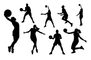 Set of silhouettes volleyball players black and white 