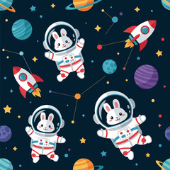Cute astronaut bunnies explore outer space with rockets and planets in a fun whimsical pattern