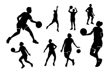 Set of silhouettes basket ball players black and white 