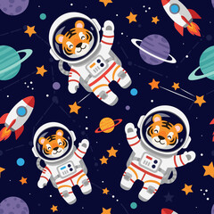Smiling tiger astronauts floating in starry outer space with planets and rockets Kids design