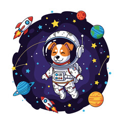 Cute astronaut dog floating in starry space with planets and rockets Fun adventure concept