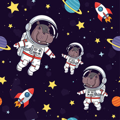 Adorable astronaut hippos explore the starry universe with planets and rockets Childhood dreams