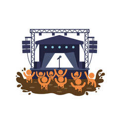 Stage with a microphone watched by excited crowd in mud. Suitable for concert or music event promotion materials.