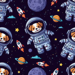 Playful seamless pattern of happy astronaut dogs rockets planets and stars in outer space