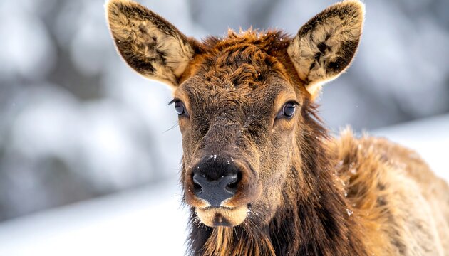 Close-up of a young elk in snowy landscape