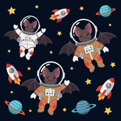 Adorable cartoon bats as astronauts exploring space with rockets stars and planets Childhood adventure