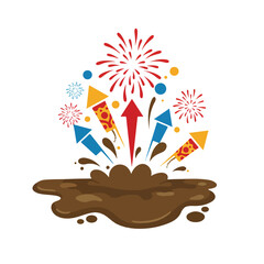 Fireworks bursting from mud in vibrant vector art. Perfect for festive designs, event promotions, party invitations, and celebration concepts.