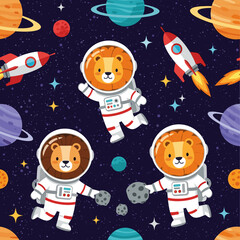Cute cartoon lion astronauts exploring colorful planets and rockets in a whimsical space pattern