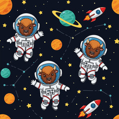 Cute cartoon bison astronauts float in space with planets stars and rockets Fun childrens design