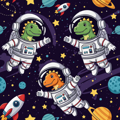 Smiling cartoon dinosaurs as astronauts explore space with planets stars and rockets Fun childhood adventure