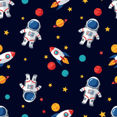 Astronauts rockets planets and stars in a fun seamless cosmic pattern