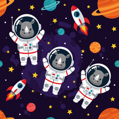 Cartoon rhino astronauts float among planets and rockets in space Whimsical adventure
