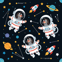 Cute cartoon moles explore the vibrant starry night sky with planets and rockets Space adventure for kids