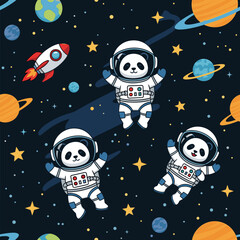 Adorable astronaut pandas exploring outer space among planets and stars Childhood wonder