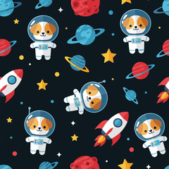 Cute cartoon astronaut dogs rockets and planets in a fun space exploration pattern for kids