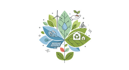 A stylized eco-friendly design featuring renewable energy sources, recycling, sustainable living, and green initiatives for environmental awareness and conservation projects