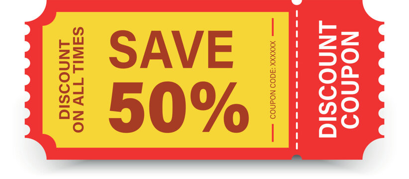 Discount Coupon. A vibrant, eye-catching discount coupon ticket. 50% discount coupon isolated 
on white background