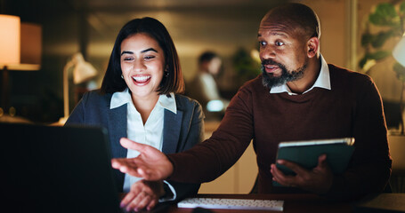 Night, laptop and business people in office, help and review meeting with financial agency....