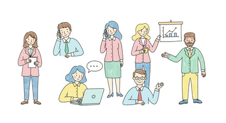 Naklejka premium A diverse collection of hand-drawn business professionals engaged in office activities demonstrating teamwork, communication, and project management for corporate presentations
