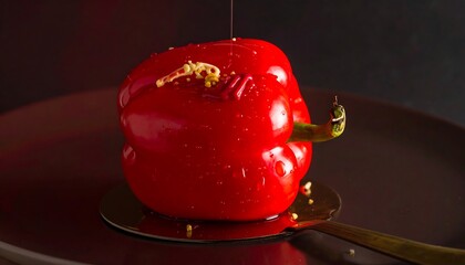 Red dessert shaped like bell pepper, glossy glaze