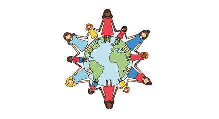 Fototapeta premium Diverse group of children holding hands around the world illustration representing unity, global community, and cultural harmony for educational and social awareness projects