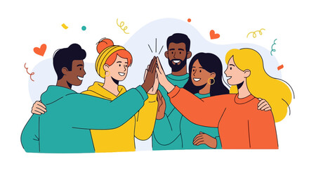 A diverse group of young professionals celebrating success with a high five, symbolizing teamwork, collaboration, and achievement in a modern workplace environment