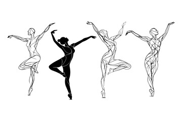 Silhouettes of lady with different yoga and dance pose line art vector illustration