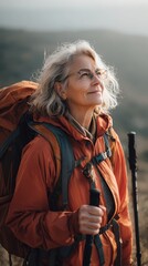Senior woman hiking mountain trail with backpack and walking poles showing determined expression perfect for adventure travel and active exploration concepts in retirement.