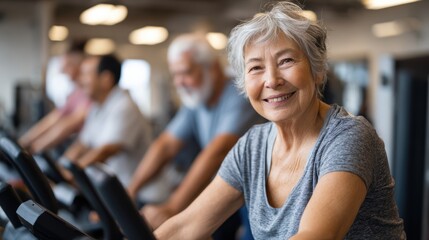 Senior woman on stationary bike at community center gym, other seniors exercising in background. Indoor fitness and healthy lifestyle concept. Active retirement and indoor fitness lifestyle.
