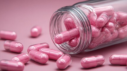Rose pink medical capsules spilling from clear glass pharmaceutical bottle showcasing women's health supplements and feminine wellness products in modern healthcare industry.