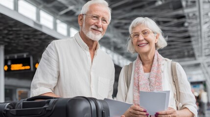 Senior couple checking in at airport terminal with luggage and travel documents showing excited expressions perfect for retirement travel adventure planning concepts.