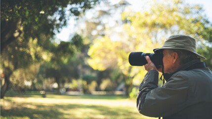 Senior photographer capturing nature scenes in park with camera equipment showing passionate pursuit perfect for photography hobby and creative expression concepts during retirement.