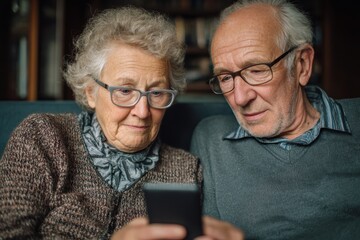 Senior couple learning smartphone technology together with concentrated expressions as one teaches the other perfect for digital education and elderly learning concepts.