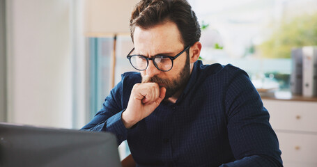 Thinking, plan and man in office with laptop, problem solving or report for company growth....